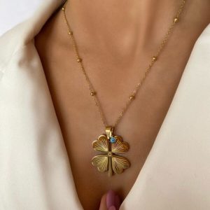 Altın Renk 4 Yapraklı Yonca Uzun Arpa Kolye